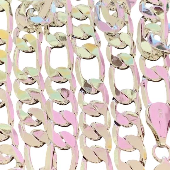 925 Sterling Silver 12MM 30 inches necklace Figaro link chain plated necklace s… - Picture 1 of 4